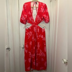 Floral Print Puff Sleeve Cut Out Tie Back Dress